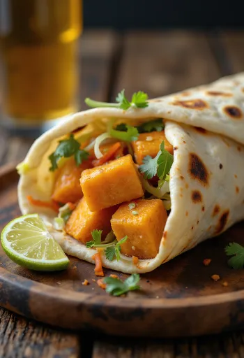 Paneer tikka wrap, fűszeres paneerrel és friss salátával tálalva.
