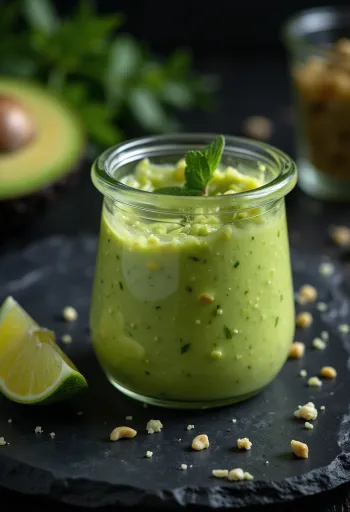 Avokádós pesto lime-mal üvegben, friss hozzávalókkal körülvéve tálalva
