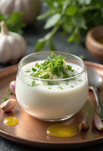 Probiotikus fokhagymás kefir ital fehér csészében tálalva, kaporral megszórva