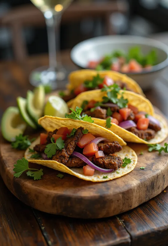 Seitan tacos avokádóval és korianderrel tálalva