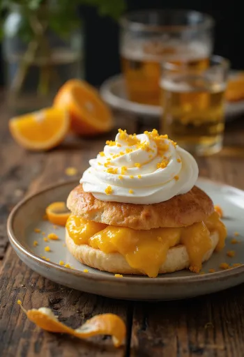 Semla narancsos krémmel, piskóta és narancsos krémmel töltve, porcukorral díszítve