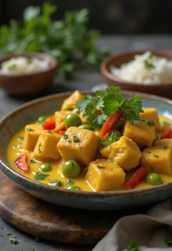Sült tofu curryvel, kókusztej és fűszerek gazdag ízvilággal