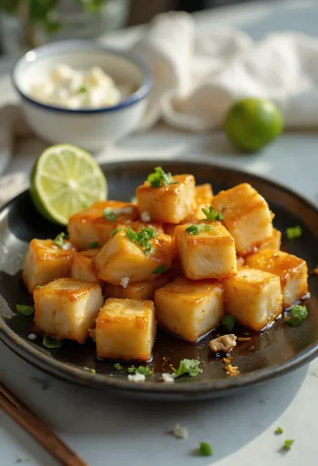 Sült tofu lime-os páccal tálalva