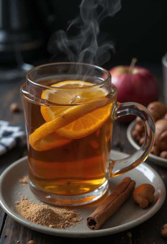 Szegfűszeges-teás cider bögrében, fahéjrúddal és narancskarikával díszítve