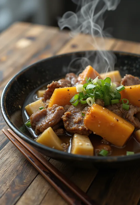 Tofuval készült Nikujaga, tofu, marhahús, édesburgonya és friss zöldhagyma