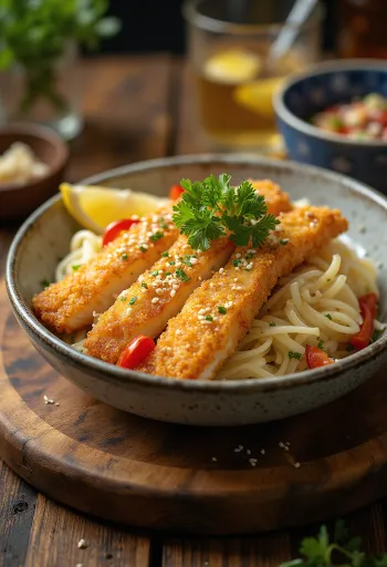 Tonkatsu tál citrommal, szójaszósszal, ropogós halakkal és friss zöldségekkel