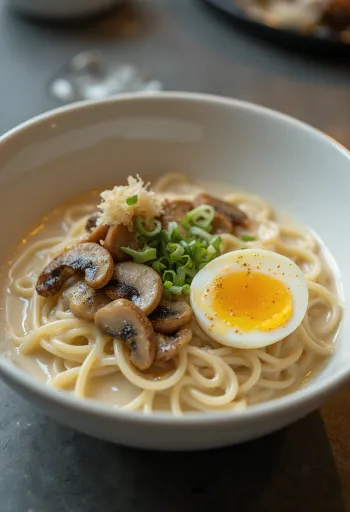 Truffle Ramen tálalva szarvasgombás szósszal