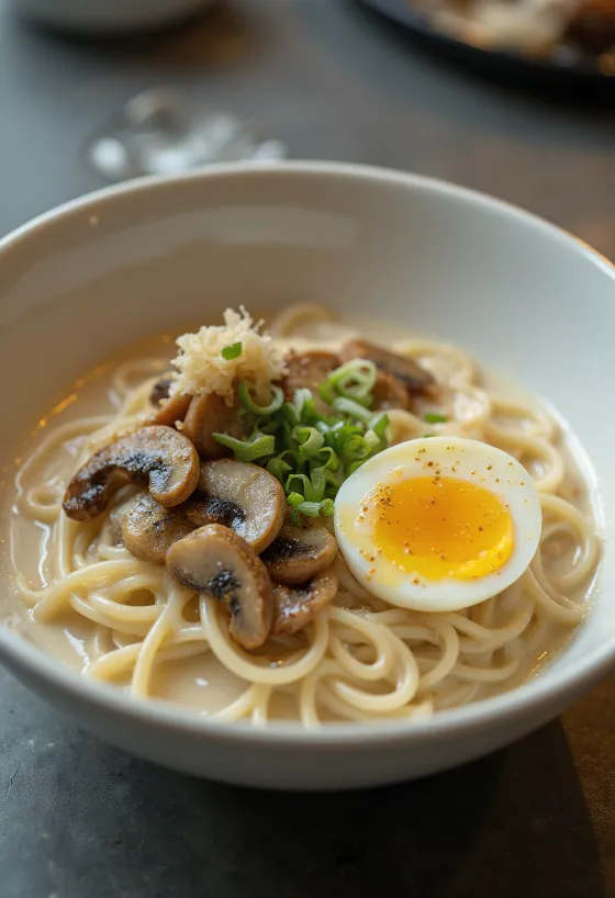 Truffle Ramen tálalva szarvasgombás szósszal