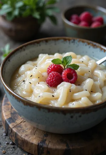 Vaníliás Congee friss gyümölcsökkel tálalva