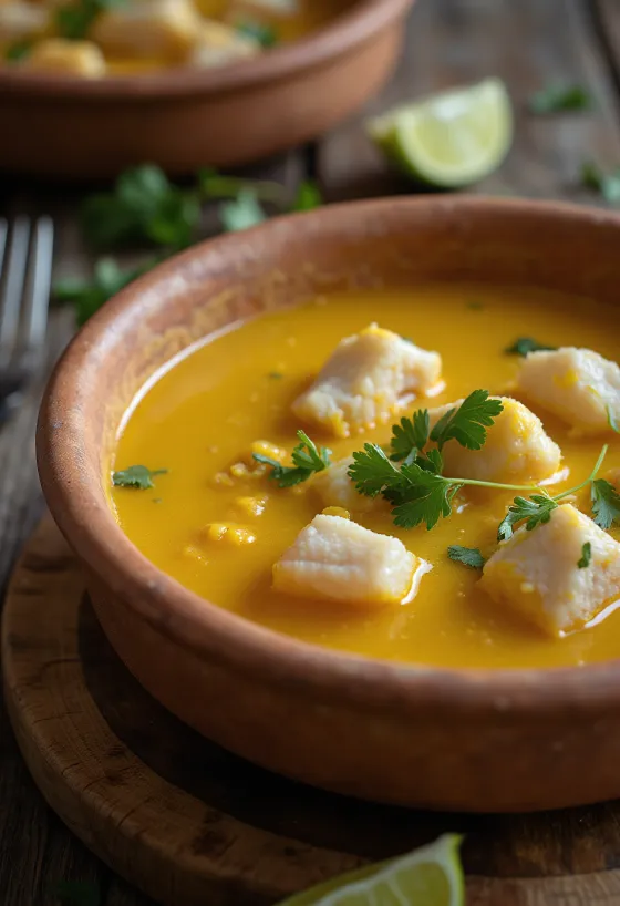 Vatapá de peixe tálalva, kókusztejjel és haldarabokkal, korianderrel díszítve