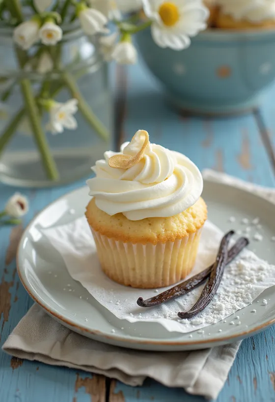 Vegán vaníliás cupcake tálalva