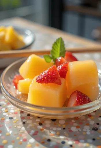 Warabi Mochi gyümölcslével tálalva, friss gyümölcsökkel