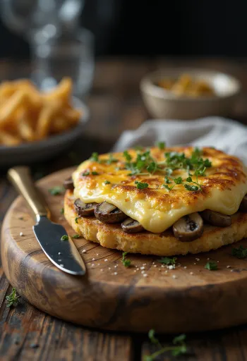 Welsh rarebit gombával tálalva, sajtos szószban, pirítós kenyér tetején, friss gombadarabokkal