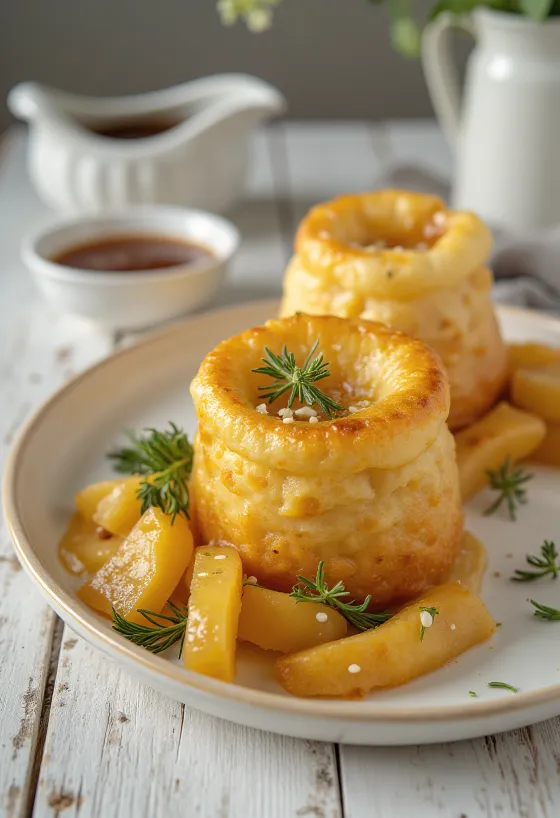 Yorkshire pudding mustárral és friss fűszernövényekkel tálalva