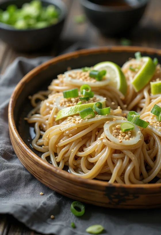 Zaru soba lime-mal tálalva, szójaszósz, lime és szezámmag díszítéssel