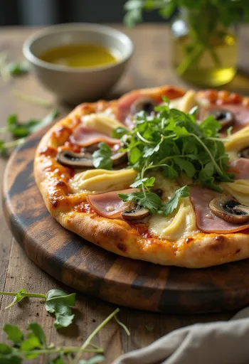 Capricciosa pizza gombával és rukkolával tálalva