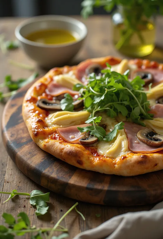 Capricciosa pizza gombával és rukkolával tálalva