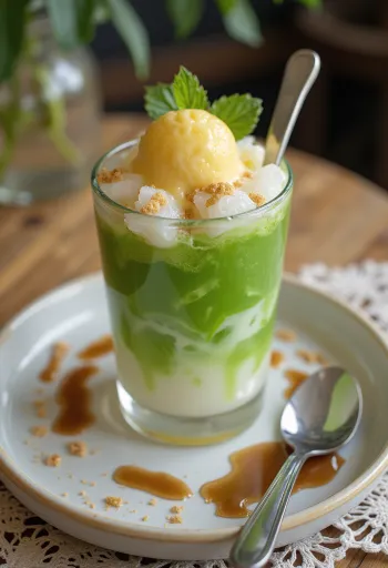 Cendol duriánnal, kókusztejjel tálalva, friss tésztával és jégkockákkal