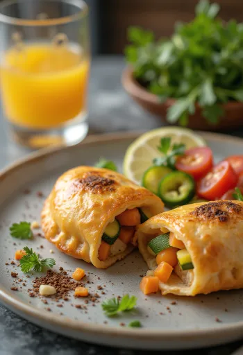 Chilean Empanada de Verduras, zöldségekkel töltött empanada, aranybarna tésztában