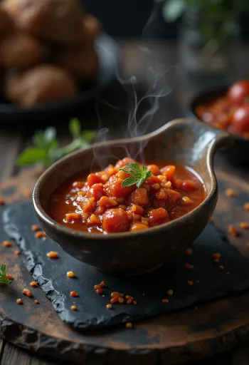 Chilis paradicsommártás tálalva