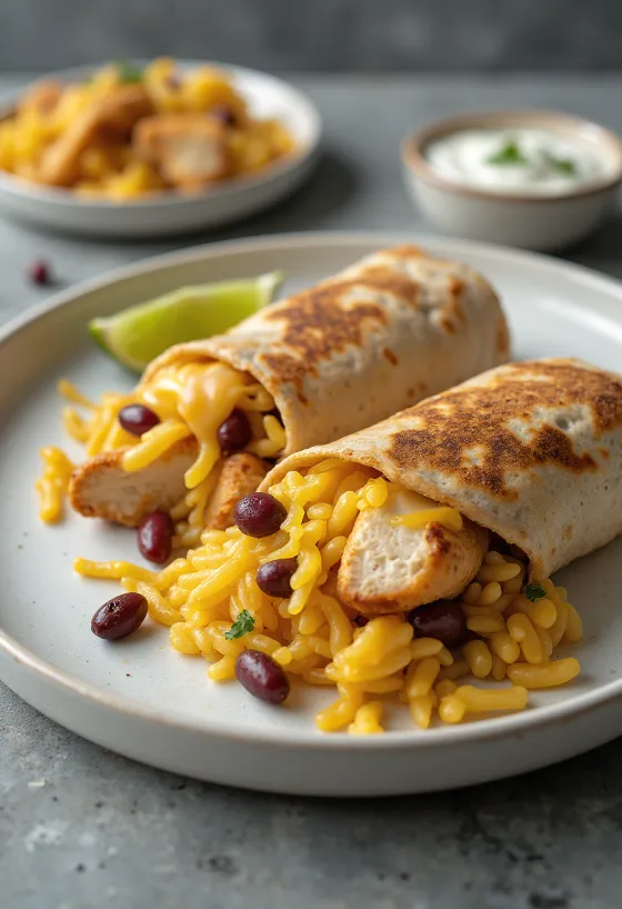 Csirke burrito rizzsel, babbal és sajttal töltve