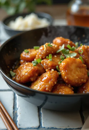 Csirkemell mézes-chilis szószban, szezámmaggal és korianderrel tálalva