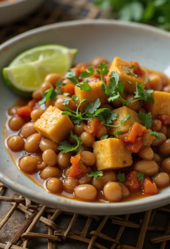 Feijoada füstölt tempeh-vel tálalva, lime-mal és friss korianderrel