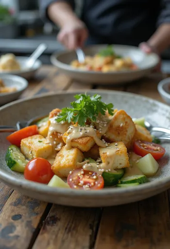 Fokhagymás tofu saláta tahinivel