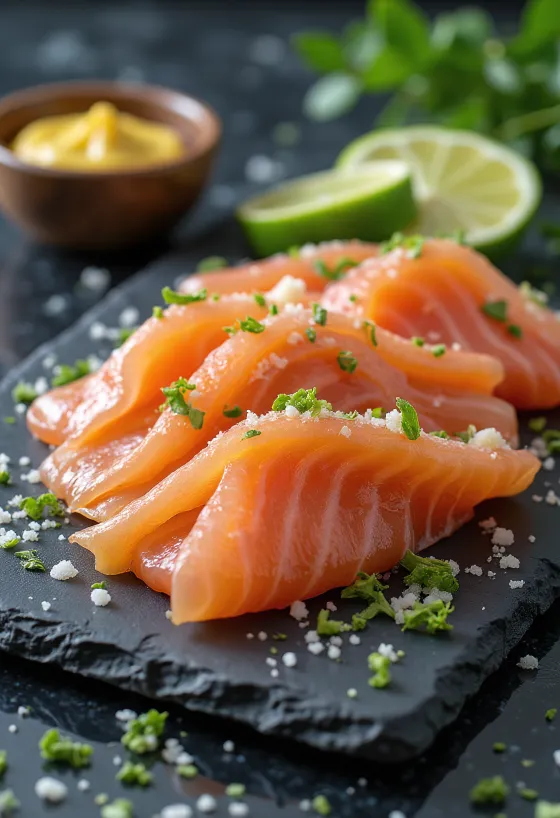 Gravlax lime héjjal tálalva, friss kaporral díszítve