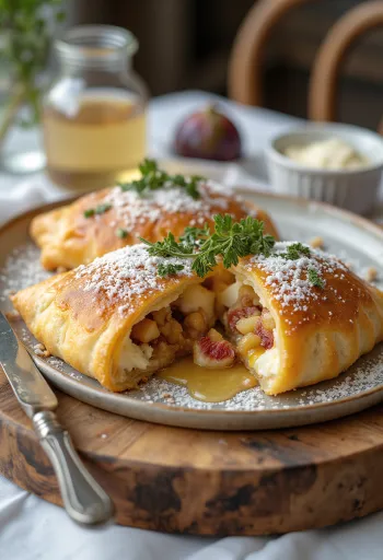 Kecskesajtos-mézes calzone tálalva