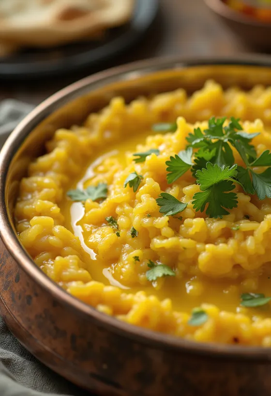 Khichdi moong dal lencsével, friss korianderrel díszítve