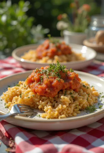 Koshari oregánóval, egyiptomi étel rizsből, lencséből és makaróniból, gazdag oregánós szószban