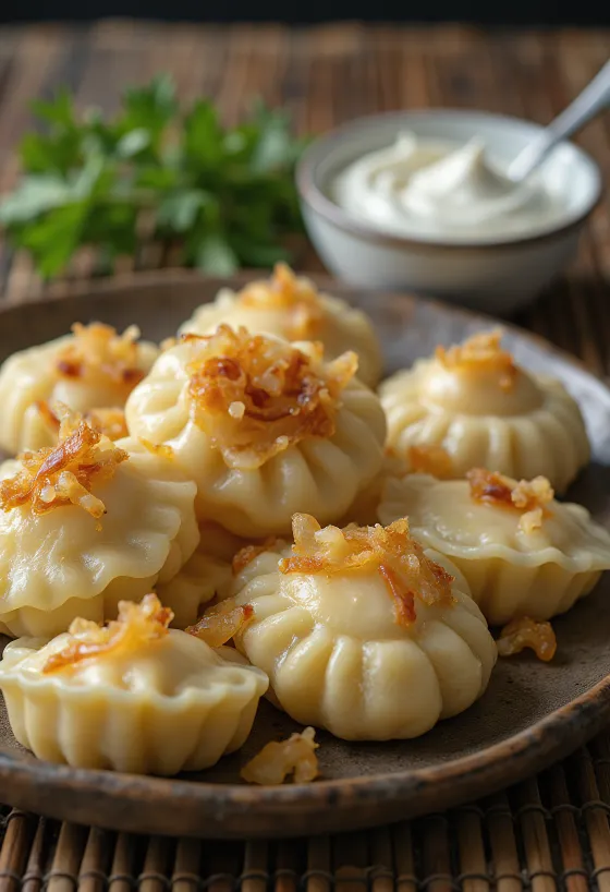 Krumplis pierogi tejföllel és pirított hagymával tálalva