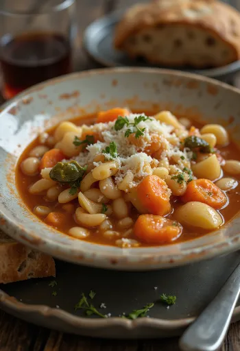 Minestrone alla Milanese, friss zöldségekkel, tésztával és parmezán sajttal tálalva