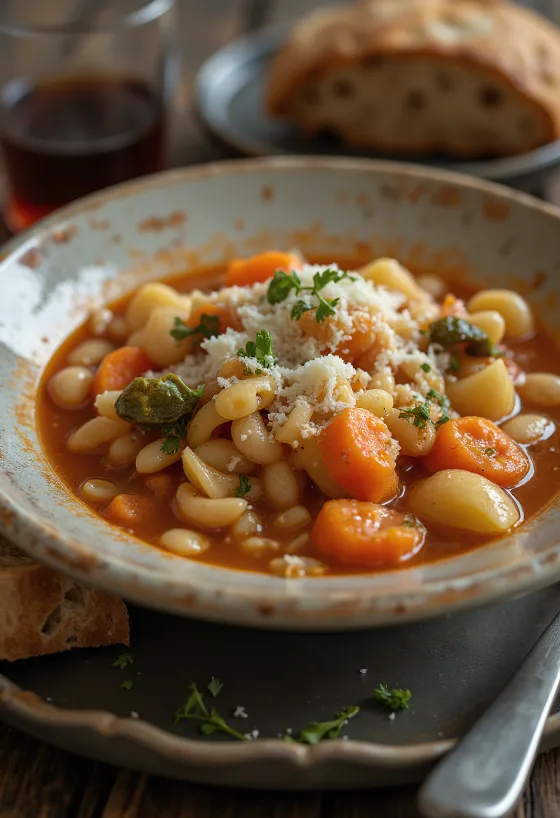 Minestrone alla Milanese, friss zöldségekkel, tésztával és parmezán sajttal tálalva