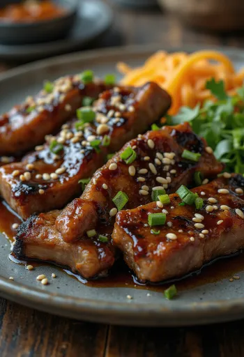 Miso galbi, sült marhahús miso pasztával, szezámmaggal és korianderrel tálalva