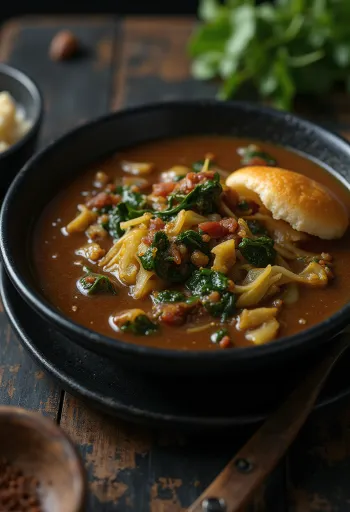 Vegán Ogbono leves tálalva zöldségekkel és sűrű állaggal