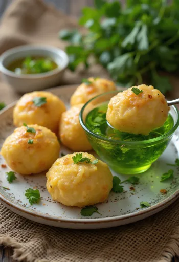 Pani puri friss mentás korianderes vízzel tálalva egy rusztikus tálon