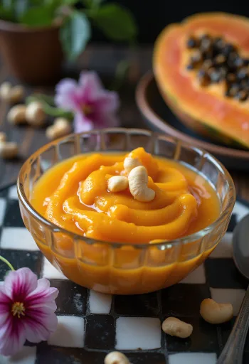 Papaya ka Halwa gazdag fűszeres ízekkel, pörkölt dióval és rózsavízzel.