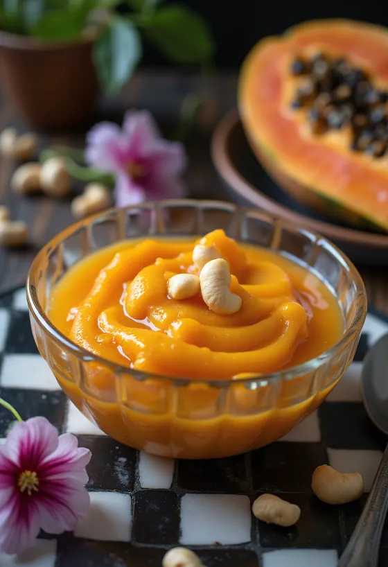 Papaya ka Halwa gazdag fűszeres ízekkel, pörkölt dióval és rózsavízzel.
