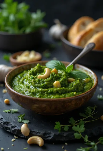 Pesto medvehagymával és kesudióval egy üvegben, friss alapanyagokkal tálalva