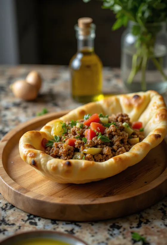 Pide olívaolajjal, friss tésztával és fűszeres húsos töltelékkel tálalva