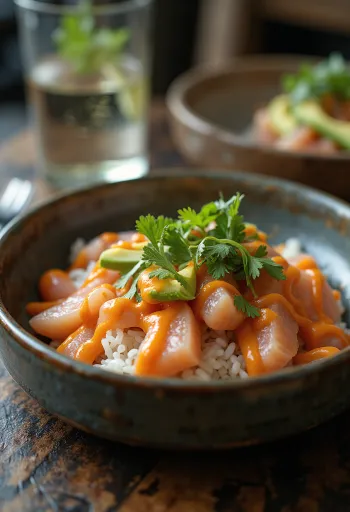 Poké sriracha szósszal friss zöldségekkel és rizságyon, díszítve korianderrel és lime-léval.