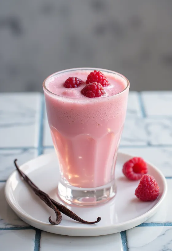 Málnás-vaníliás kefir poharakban tálalva, rózsaszínes krémes ital, málnadarabokkal