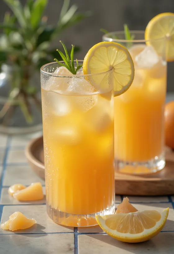 Sárgadinnyés limonádé pohárban, mentalevéllel díszítve