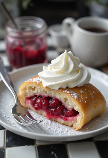 Semla málnalekvárral, tejszínnel tálalva