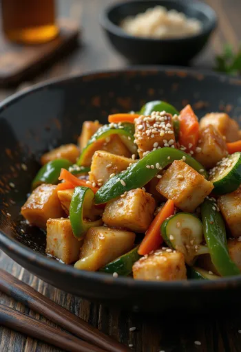 Sült tofu zöldségekkel tálalva, színes paprika és szezámmaggal