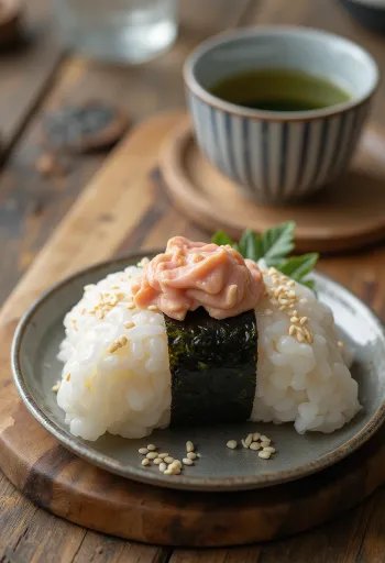 Tonhalas-majonézes onigiri, háromszög alakú, szezámmaggal megszórva, nori algával