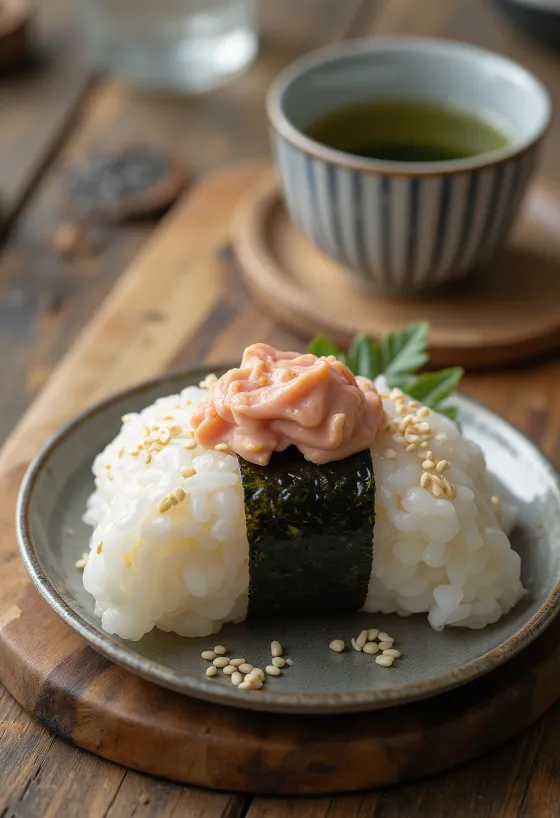 Tonhalas-majonézes onigiri, háromszög alakú, szezámmaggal megszórva, nori algával