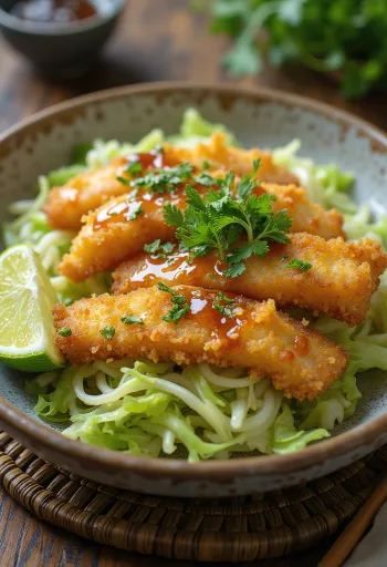 Tonkatsu tál káposzta, szójaszósszal, ropogós halakkal és friss zöldségekkel
